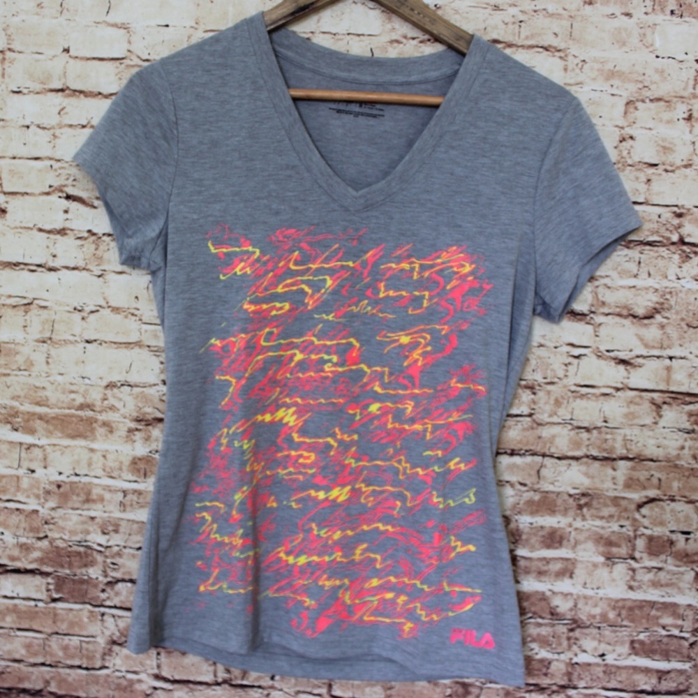 Fila | Gray and Neon Paint V-Neck Workout Tee Shirt